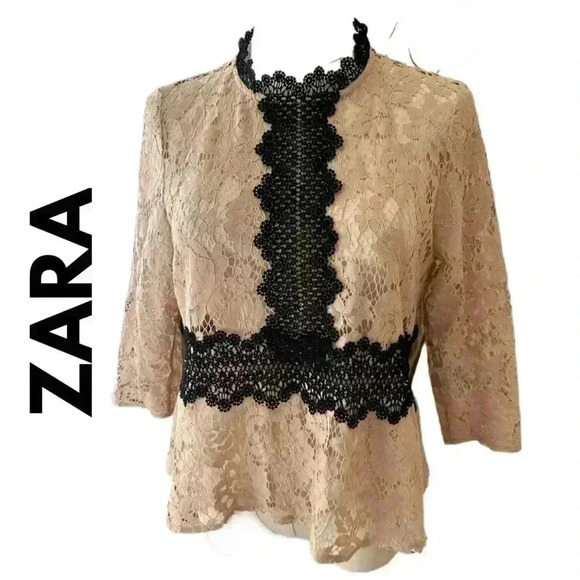 🏷️ SALE Zara  Blush Pink Black Detail Lace Blouse Girlhoodcore - Picture 5 of 12